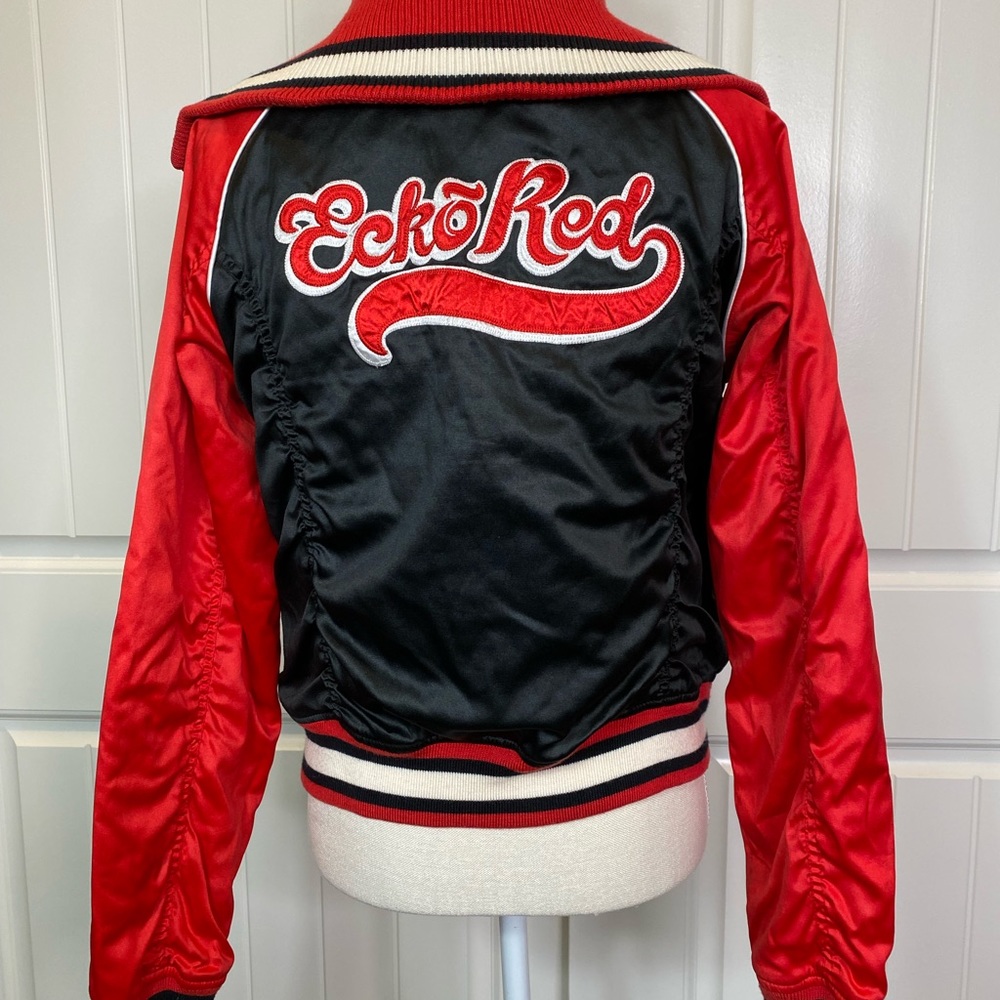 EckoRed Embroidered Satin Knitted Zip Up Bomber Jacket - Picture 6 of 15